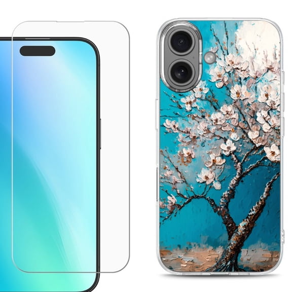 For iPhone 16 Phone Case Cover, Shockproof Case with Tempered Glass Screen Protector, by OneToughShield - Almond Tree