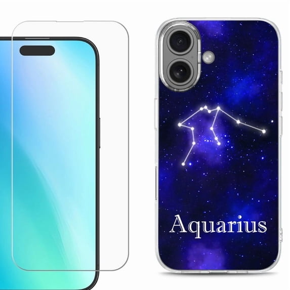 For iPhone 16 Phone Case Cover, Shockproof Case with Tempered Glass Screen Protector, by OneToughShield - Aquarius
