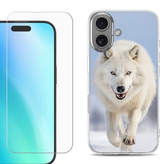 For iPhone 16 Phone Case Cover, Shockproof Case with Tempered Glass Screen Protector, by OneToughShield - Arctic Wolf