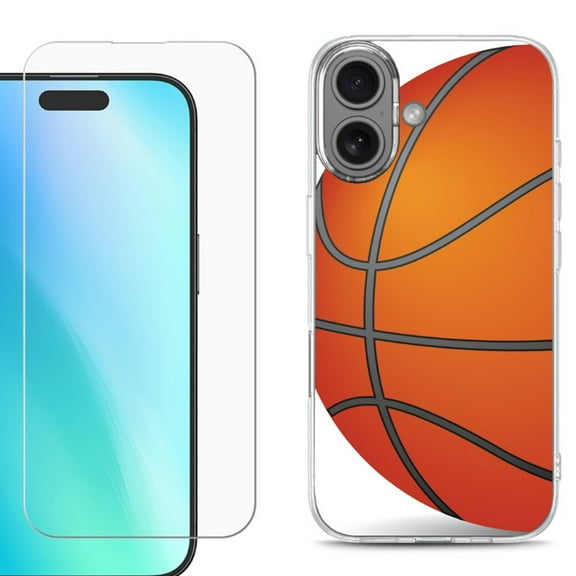 For iPhone 16 Phone Case Cover, Shockproof Case with Tempered Glass Screen Protector, by OneToughShield - Basketball