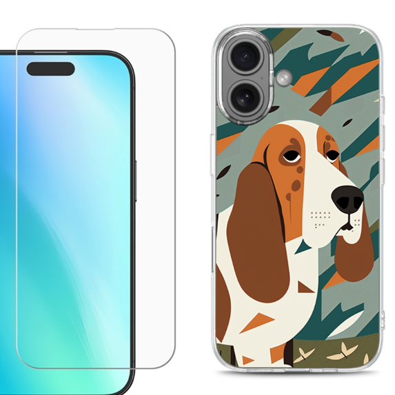 For iPhone 16 Phone Case Cover, Shockproof Case with Tempered Glass Screen Protector, by OneToughShield - Basset Hound