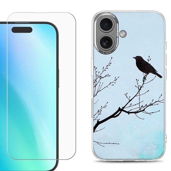 For iPhone 16 Phone Case Cover, Shockproof Case with Tempered Glass Screen Protector, by OneToughShield - Bird at Dawn
