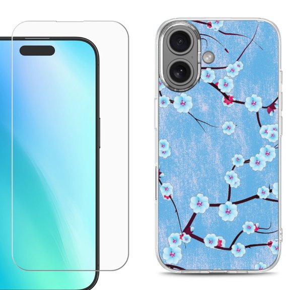 For iPhone 16 Phone Case Cover, Shockproof Case with Tempered Glass Screen Protector, by OneToughShield - Blossom Sky
