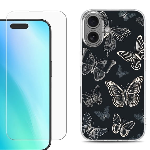 For iPhone 16 Phone Case Cover, Shockproof Case with Tempered Glass Screen Protector, by OneToughShield - Butterfly BW