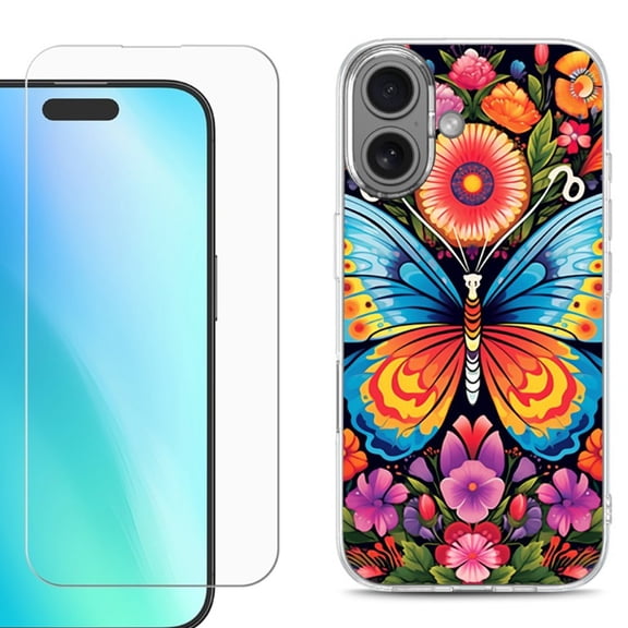 For iPhone 16 Phone Case Cover, Shockproof Case with Tempered Glass Screen Protector, by OneToughShield - Butterfly Garden