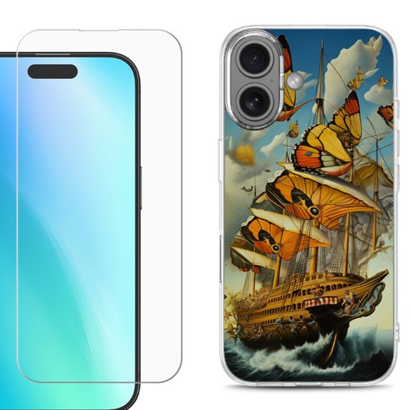 For iPhone 16 Phone Case Cover, Shockproof Case with Tempered Glass Screen Protector, by OneToughShield - Butterfly Ship