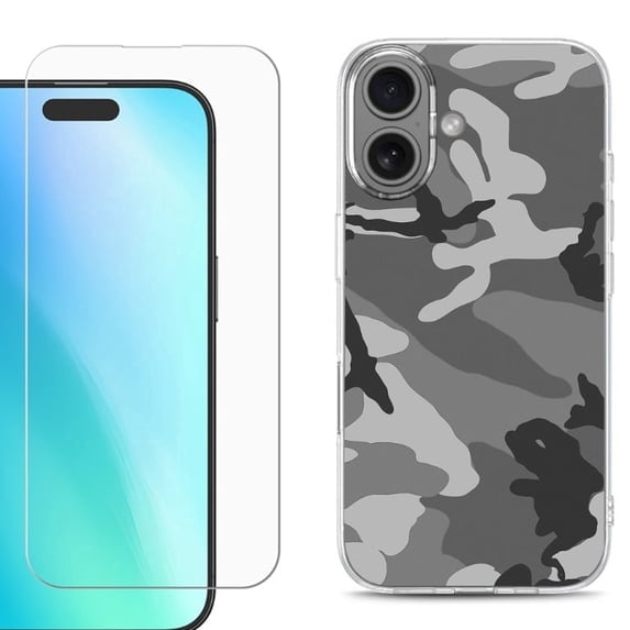 For iPhone 16 Phone Case Cover, Shockproof Case with Tempered Glass Screen Protector, by OneToughShield - Camo B/W