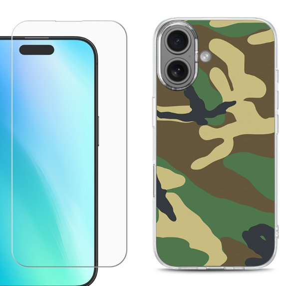 For iPhone 16 Phone Case Cover, Shockproof Case with Tempered Glass Screen Protector, by OneToughShield - Camo Green