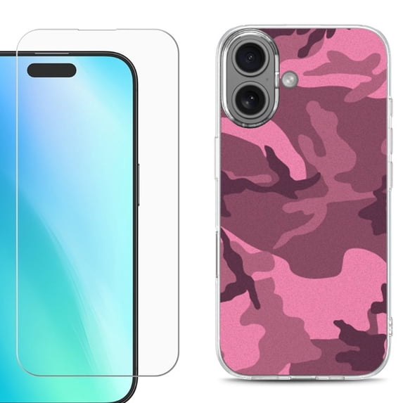 For iPhone 16 Phone Case Cover, Shockproof Case with Tempered Glass Screen Protector, by OneToughShield - Camo Pink
