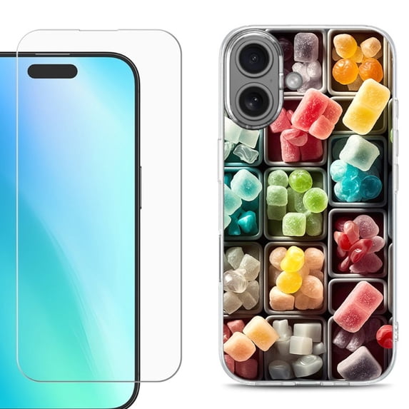 For iPhone 16 Phone Case Cover, Shockproof Case with Tempered Glass Screen Protector, by OneToughShield - Candy Box