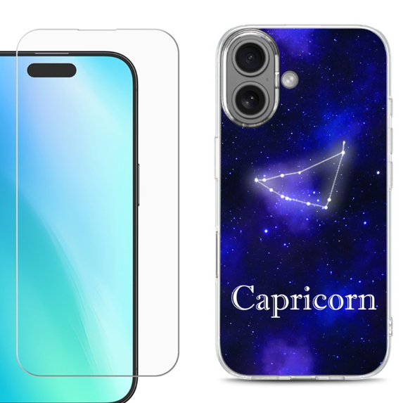 For iPhone 16 Phone Case Cover, Shockproof Case with Tempered Glass Screen Protector, by OneToughShield - Capricorn