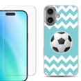 thumbnail image 1 of For iPhone 16 Phone Case Cover, Shockproof Case with Tempered Glass Screen Protector, by OneToughShield - Chevron/Soccer, 1 of 4