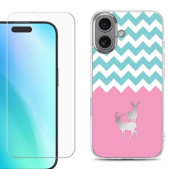 For iPhone 16 Phone Case Cover, Shockproof Case with Tempered Glass Screen Protector, by OneToughShield - Chevron/Teal/Deer