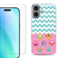 thumbnail image 1 of For iPhone 16 Phone Case Cover, Shockproof Case with Tempered Glass Screen Protector, by OneToughShield - Chevron/Teal/Owl, 1 of 4