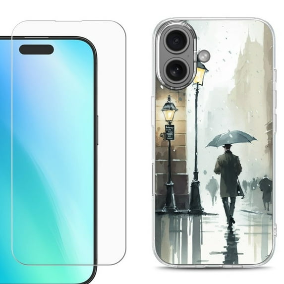 For iPhone 16 Phone Case Cover, Shockproof Case with Tempered Glass Screen Protector, by OneToughShield - City in the rain