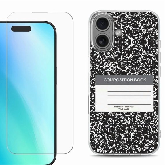 For iPhone 16 Phone Case Cover, Shockproof Case with Tempered Glass Screen Protector, by OneToughShield - Composition Book