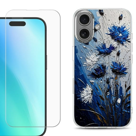 For iPhone 16 Phone Case Cover, Shockproof Case with Tempered Glass Screen Protector, by OneToughShield - Cornflower