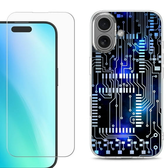 For iPhone 16 Phone Case Cover, Shockproof Case with Tempered Glass Screen Protector, by OneToughShield - Cosmos Circuit