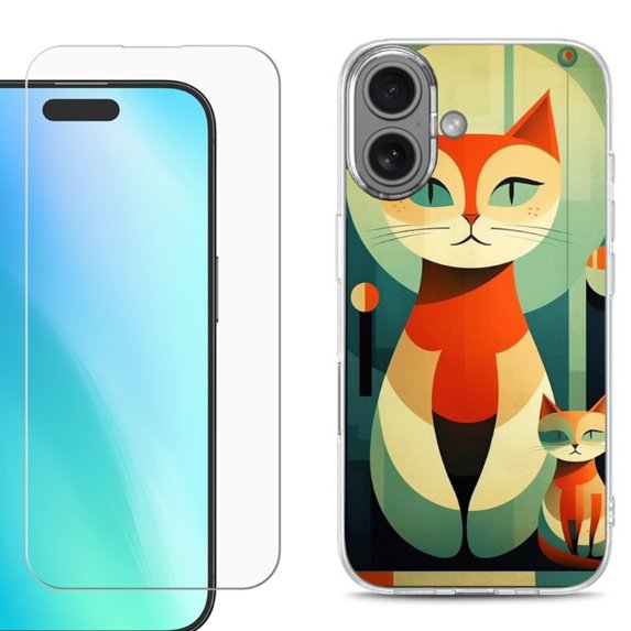 For iPhone 16 Phone Case Cover, Shockproof Case with Tempered Glass Screen Protector, by OneToughShield - Cute Cats
