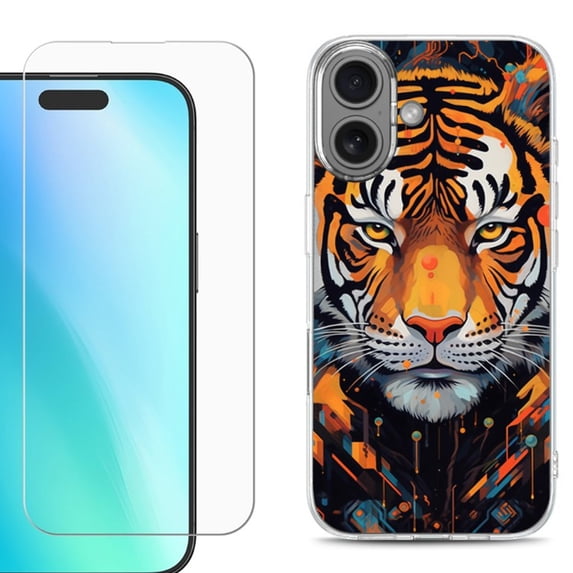 For iPhone 16 Phone Case Cover, Shockproof Case with Tempered Glass Screen Protector, by OneToughShield - Cyberpunk Tiger