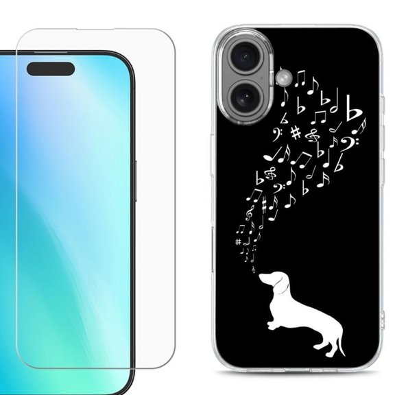 For iPhone 16 Phone Case Cover, Shockproof Case with Tempered Glass Screen Protector, by OneToughShield - Dachshund/Puppy Music