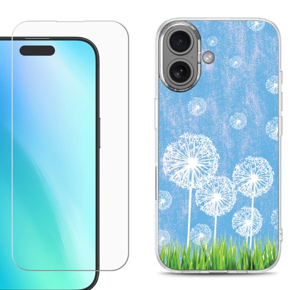 For iPhone 16 Phone Case Cover, Shockproof Case with Tempered Glass Screen Protector, by OneToughShield - Dandelion Sky