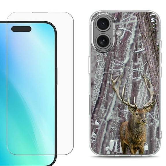 For iPhone 16 Phone Case Cover, Shockproof Case with Tempered Glass Screen Protector, by OneToughShield - Deer/Snow/Camo