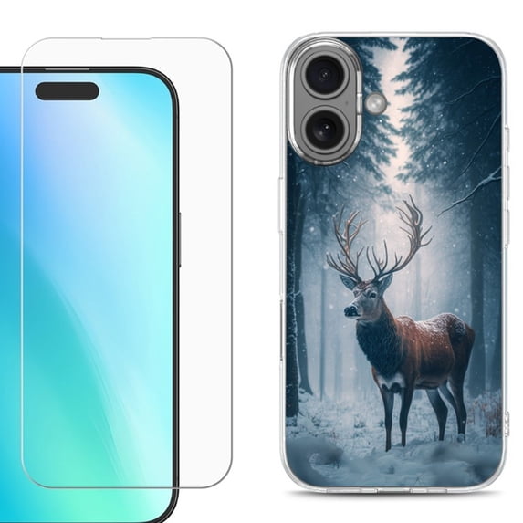 For iPhone 16 Phone Case Cover, Shockproof Case with Tempered Glass Screen Protector, by OneToughShield - Deer Winter