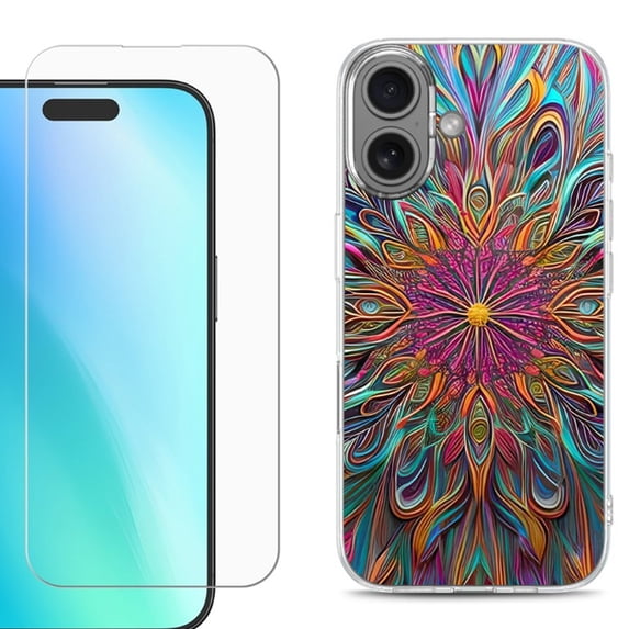 For iPhone 16 Phone Case Cover, Shockproof Case with Tempered Glass Screen Protector, by OneToughShield - Doodle Art