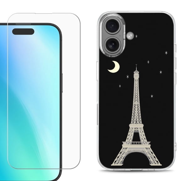 For iPhone 16 Phone Case Cover, Shockproof Case with Tempered Glass Screen Protector, by OneToughShield - Eiffel Tower Moon