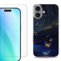 For iPhone 16 Phone Case Cover, Shockproof Case with Tempered Glass Screen Protector, by OneToughShield - Fireflies Butterfly