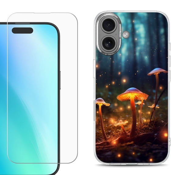 For iPhone 16 Phone Case Cover, Shockproof Case with Tempered Glass Screen Protector, by OneToughShield - Fireflies Mushroom