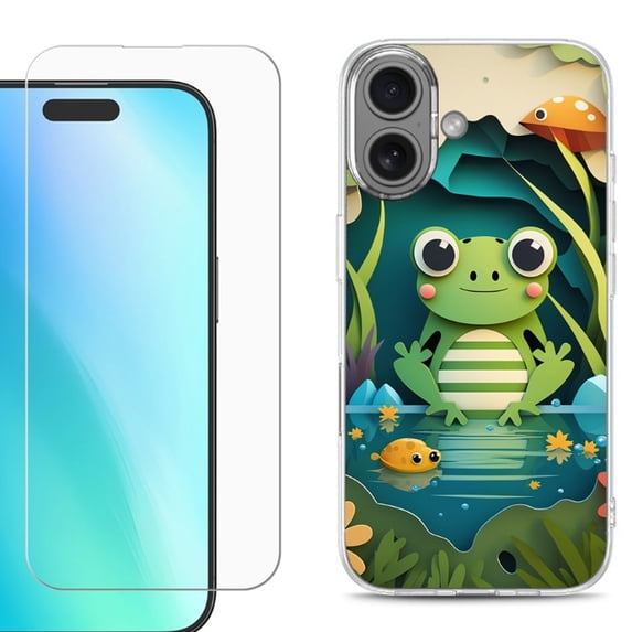 For iPhone 16 Phone Case Cover, Shockproof Case with Tempered Glass Screen Protector, by OneToughShield - Frog Craft