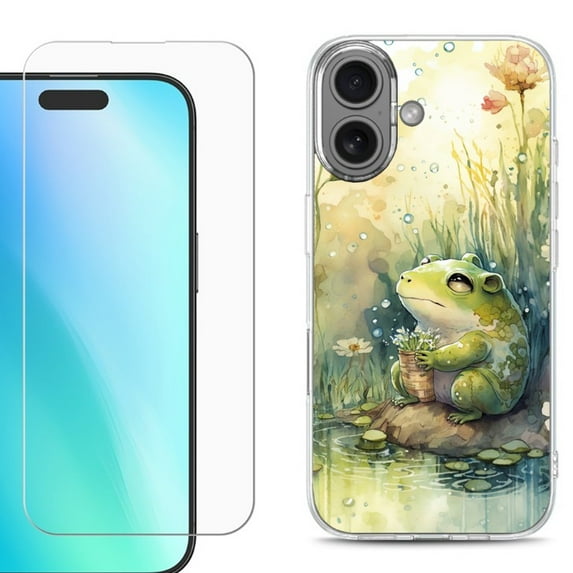 For iPhone 16 Phone Case Cover, Shockproof Case with Tempered Glass Screen Protector, by OneToughShield - Frog