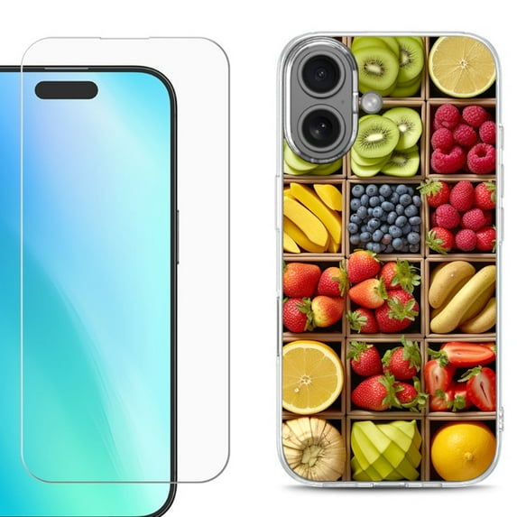 For iPhone 16 Phone Case Cover, Shockproof Case with Tempered Glass Screen Protector, by OneToughShield - Fruit Box