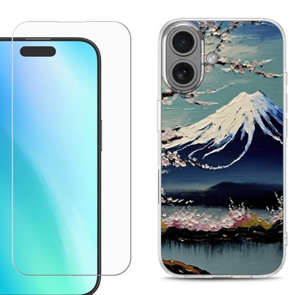 For iPhone 16 Phone Case Cover, Shockproof Case with Tempered Glass Screen Protector, by OneToughShield - Fuji Blossom