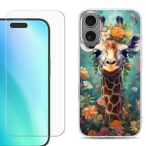 For iPhone 16 Phone Case Cover, Shockproof Case with Tempered Glass Screen Protector, by OneToughShield - Giraffe Flower