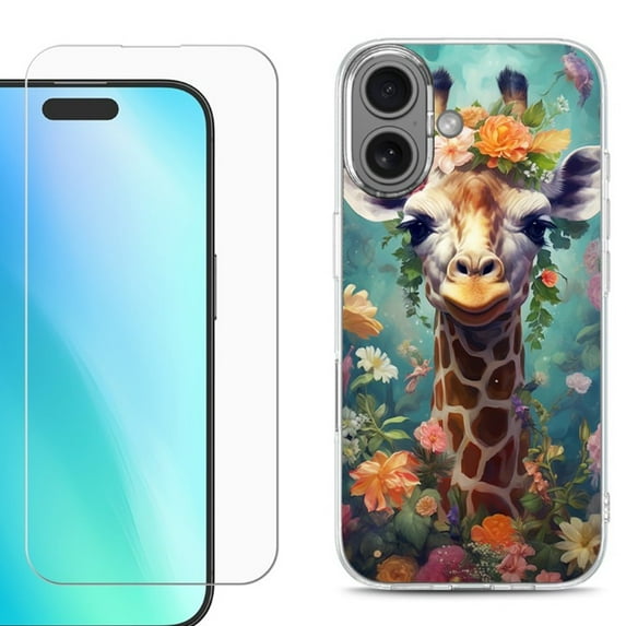 For iPhone 16 Phone Case Cover, Shockproof Case with Tempered Glass Screen Protector, by OneToughShield - Giraffe Flower