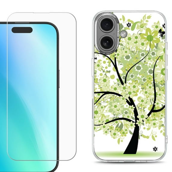 For iPhone 16 Phone Case Cover, Shockproof Case with Tempered Glass Screen Protector, by OneToughShield - Green Tree