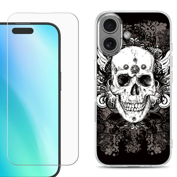 For iPhone 16 Phone Case Cover, Shockproof Case with Tempered Glass Screen Protector, by OneToughShield - Grunge Skull