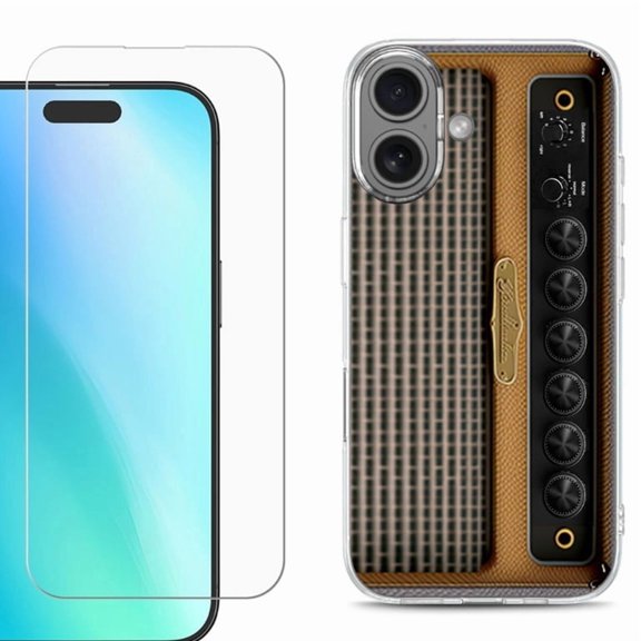 For iPhone 16 Phone Case Cover, Shockproof Case with Tempered Glass Screen Protector, by OneToughShield - Guitar Amp