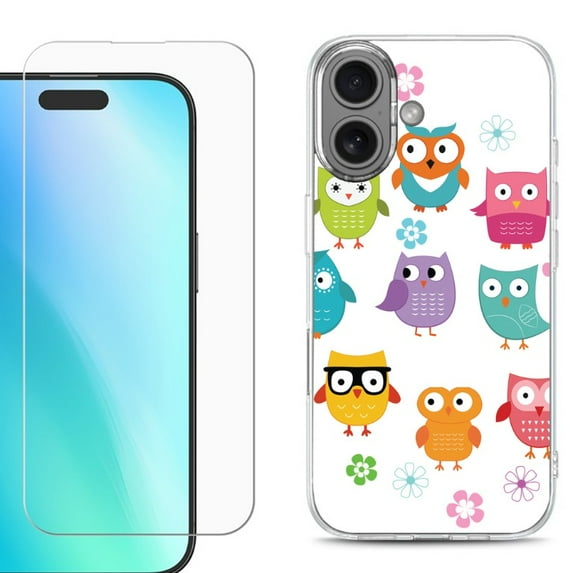 For iPhone 16 Phone Case Cover, Shockproof Case with Tempered Glass Screen Protector, by OneToughShield - Happy Owl