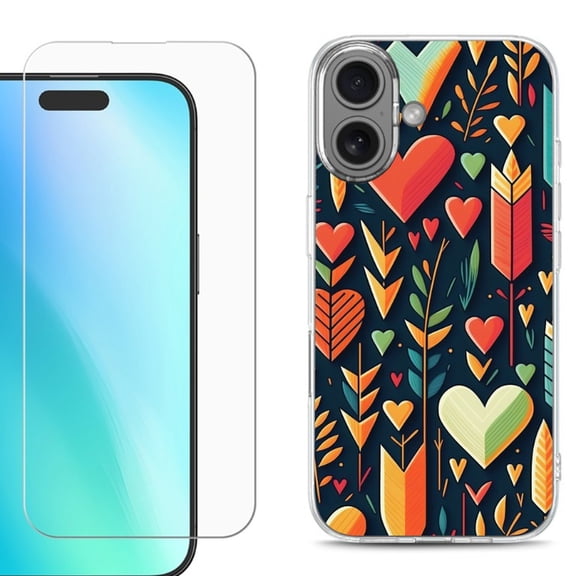 For iPhone 16 Phone Case Cover, Shockproof Case with Tempered Glass Screen Protector, by OneToughShield - Hearts n Arrows