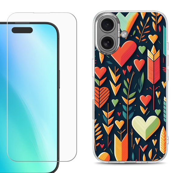 For iPhone 16 Phone Case Cover, Shockproof Case with Tempered Glass Screen Protector, by OneToughShield - Hearts n Arrows