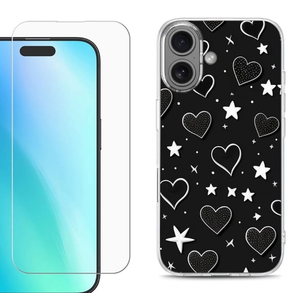 For iPhone 16 Phone Case Cover, Shockproof Case with Tempered Glass Screen Protector, by OneToughShield - Hearts n Stars