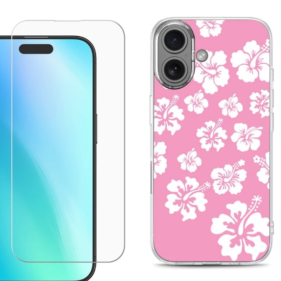 For iPhone 16 Phone Case Cover, Shockproof Case with Tempered Glass Screen Protector, by OneToughShield - Hibiscus Pink
