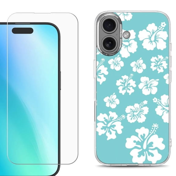 For iPhone 16 Phone Case Cover, Shockproof Case with Tempered Glass Screen Protector, by OneToughShield - Hibiscus Teal