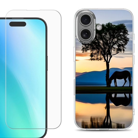 For iPhone 16 Phone Case Cover, Shockproof Case with Tempered Glass Screen Protector, by OneToughShield - Horse Tree