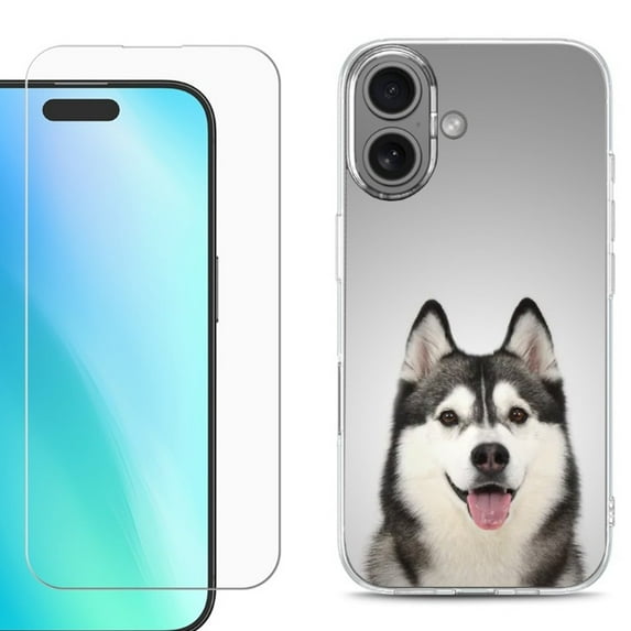 For iPhone 16 Phone Case Cover, Shockproof Case with Tempered Glass Screen Protector, by OneToughShield - Husky Face