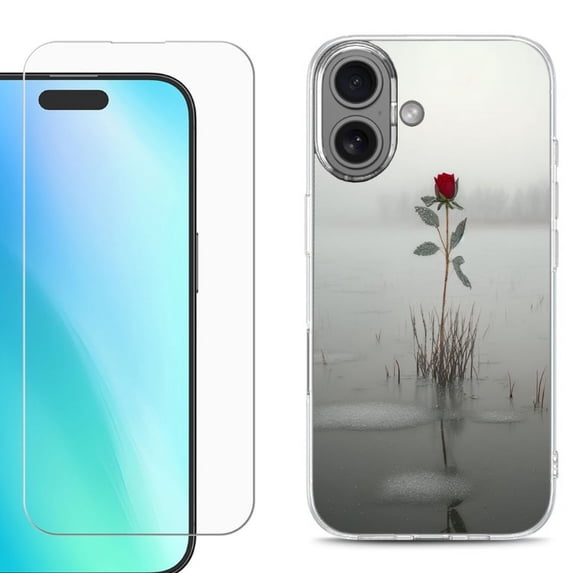 For iPhone 16 Phone Case Cover, Shockproof Case with Tempered Glass Screen Protector, by OneToughShield - Icy Rose